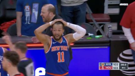 Jalen Brunson reacts to being called for a foul